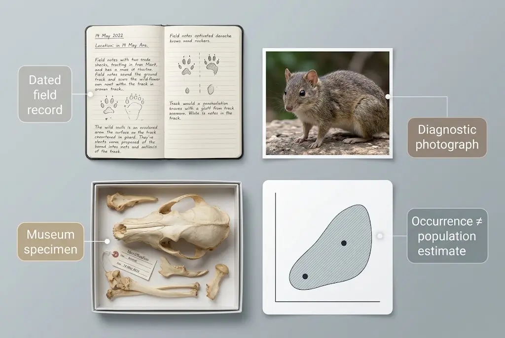 Scientific evidence panels showing a dated field record, photograph, museum specimen and the distinction between occurrence and abundance.